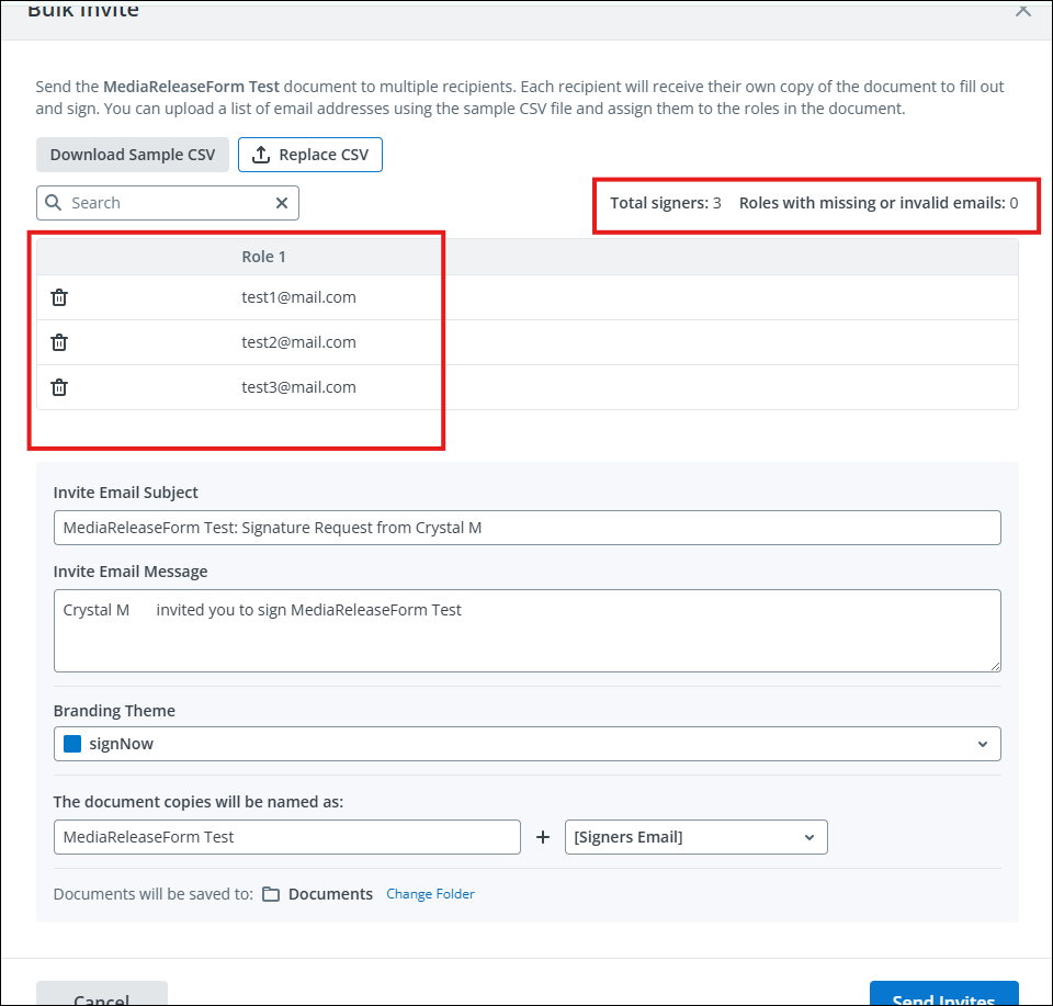 Total signers and roles with missing or invalid emails
